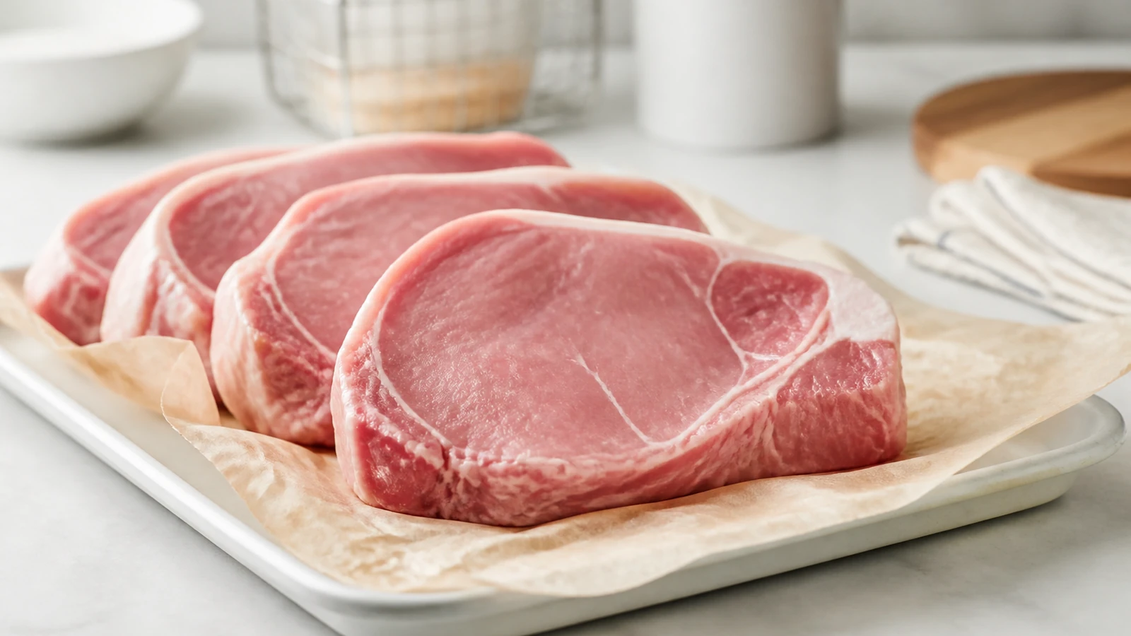 Fresh raw pork loin chops on parchment paper on a kitchen counter