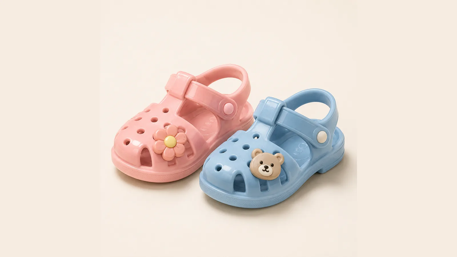 Children's jelly sandals with a pink flower and a blue bear motif
