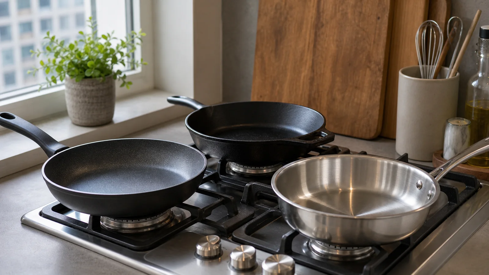 Non-stick, cast iron, and stainless steel pans on a hob