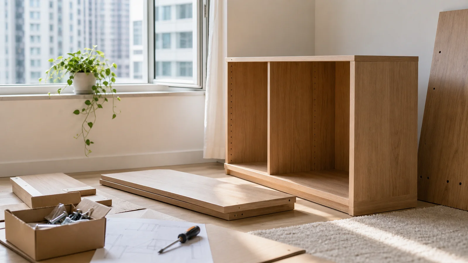 New wooden furniture in a well-ventilated room
