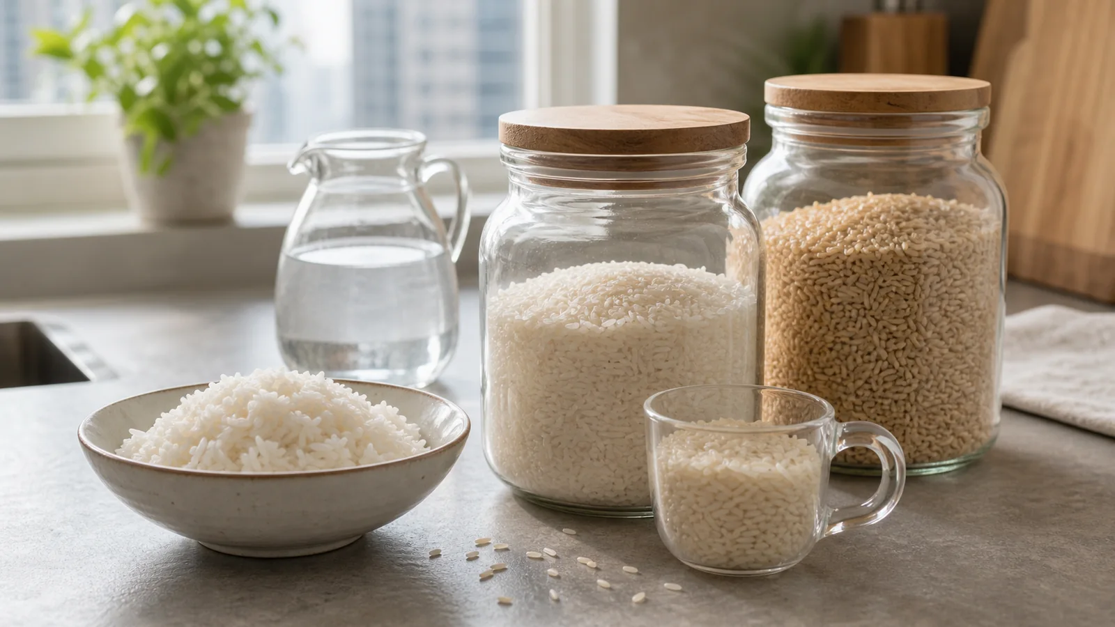 Rice, a measuring cup, and a bowl of cooked white rice on a kitchen counter