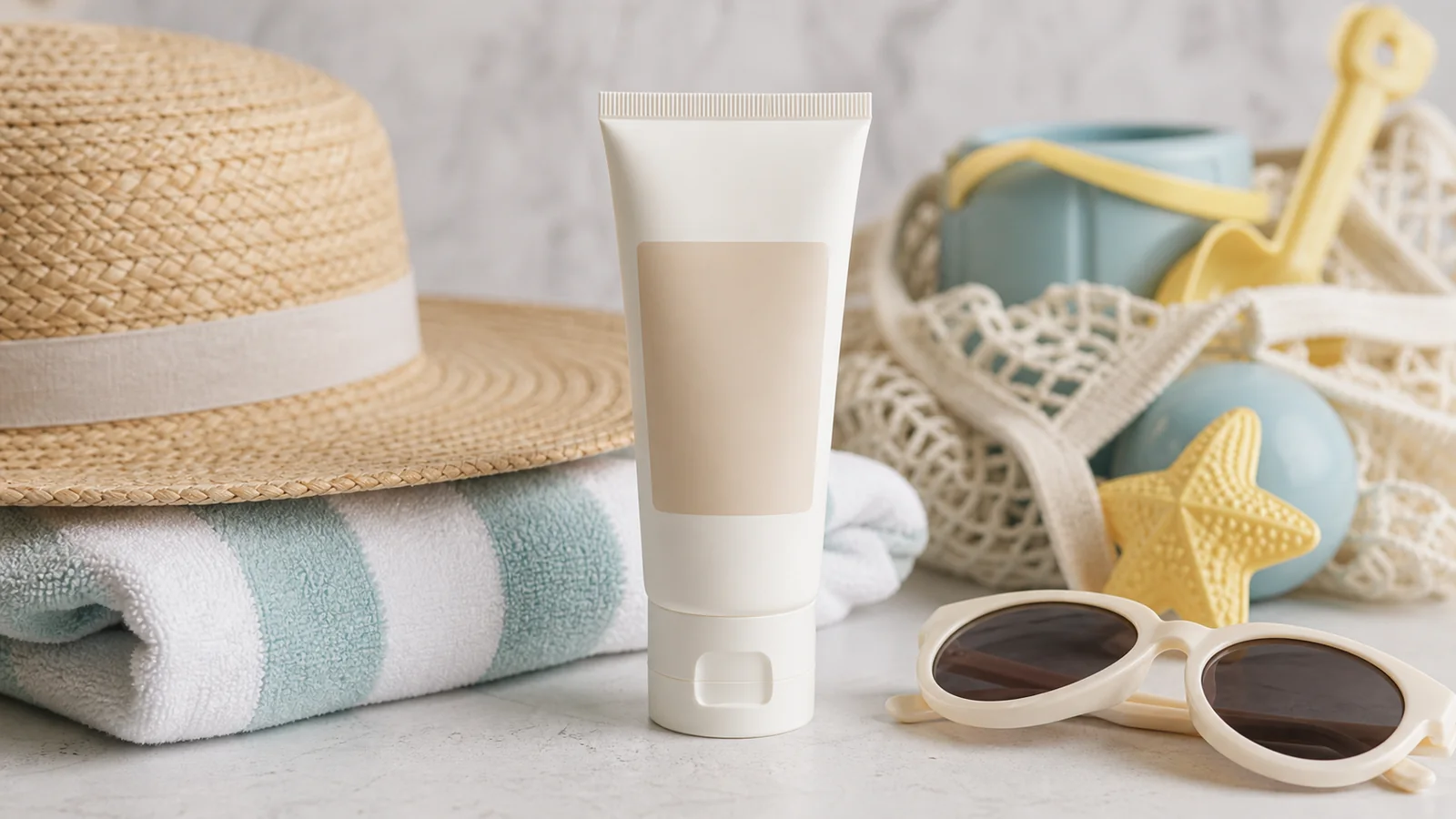 Sunscreen products, a sun hat, and a towel on a table